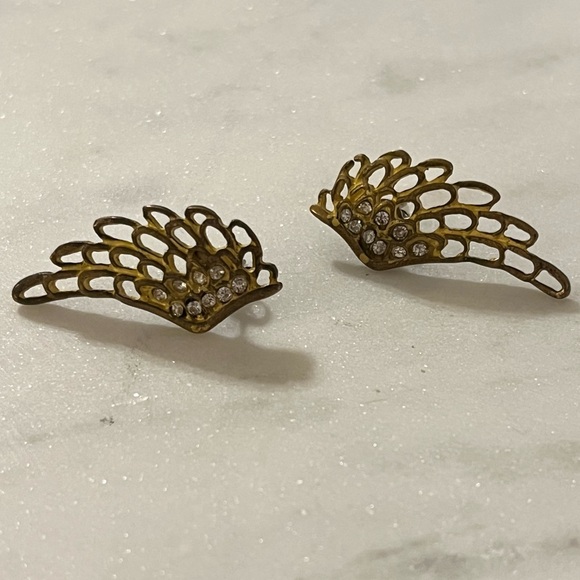 Angel Wing Earrings Bronze Tone with Rhinestone Post Earrings - Picture 7 of 13